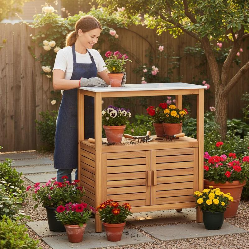 Workbench Woodworking - 屋外用植木鉢置き台 アカシア材 ガーデンポッティングテーブル 植栽作業台 ルーバー付き扉付き