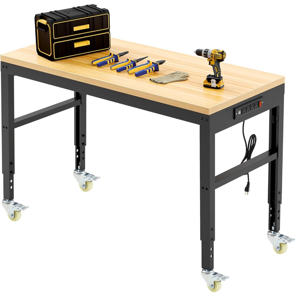Workbench Woodworking - 調整可能な作業台、頑丈な木製作業台、耐荷重2000ポンド、電源コンセントと車輪付き作業台（ガレージ用）