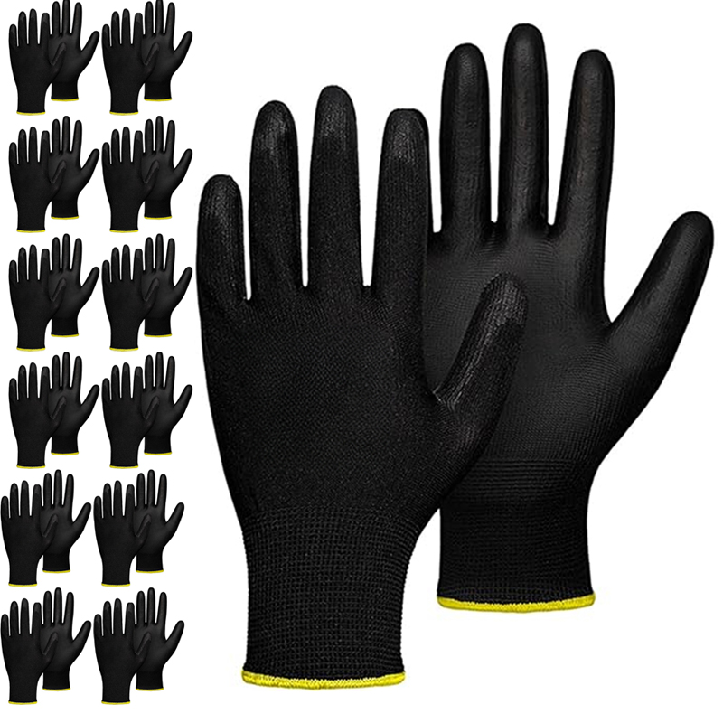 Woodworking Gloves - 木工用PUコーティング手袋、耐久性のあるナイロン手袋、完全なパームコーティング、自動車修理用品、ロックエッジカラー、5ペア