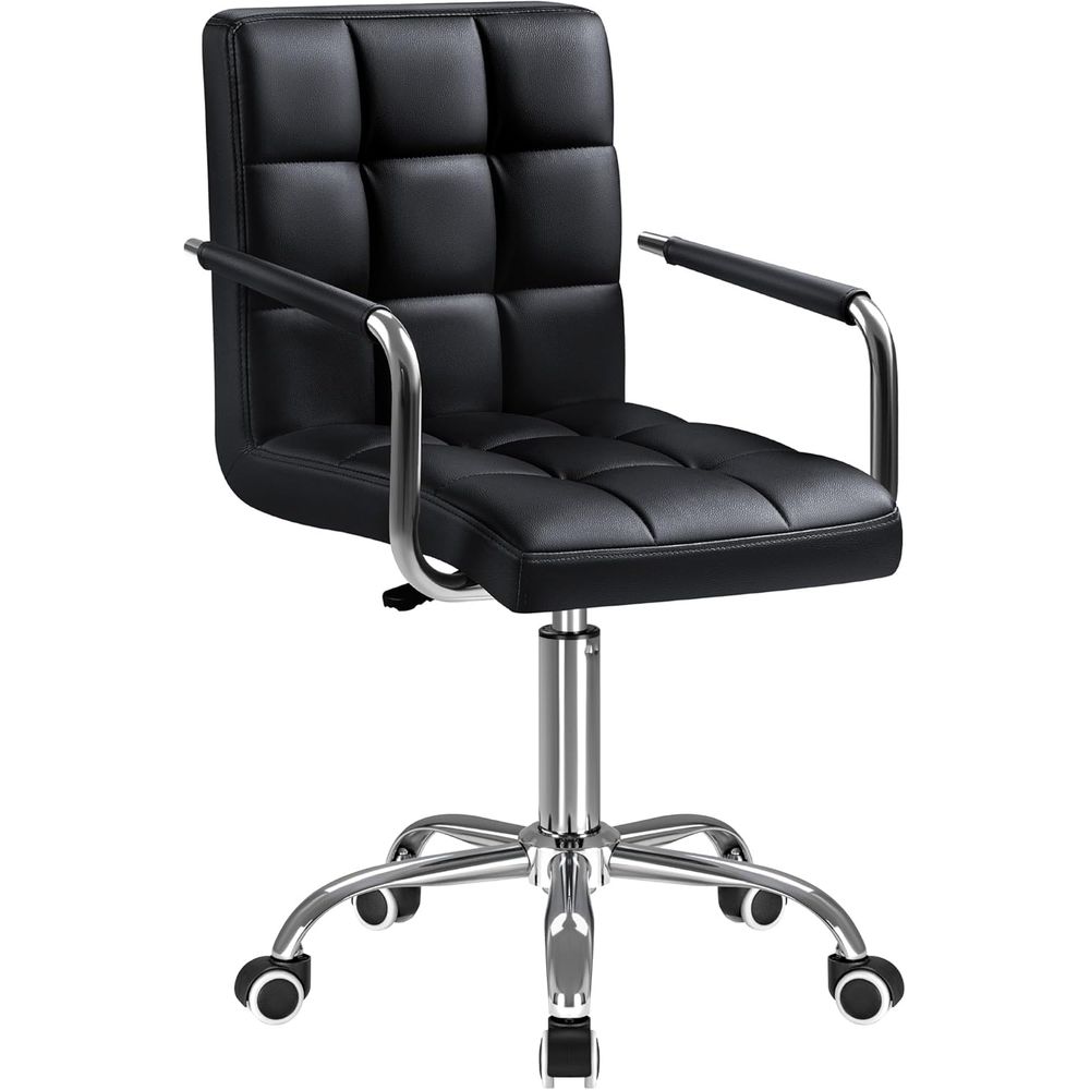 Woodworking Desk Chair - パッド入り回転式オフィスチェア（ホイール付き）、調節可能なPUレザーデスクチェア（家庭および職場用）、快適な360度回転 ° 回転（黒）