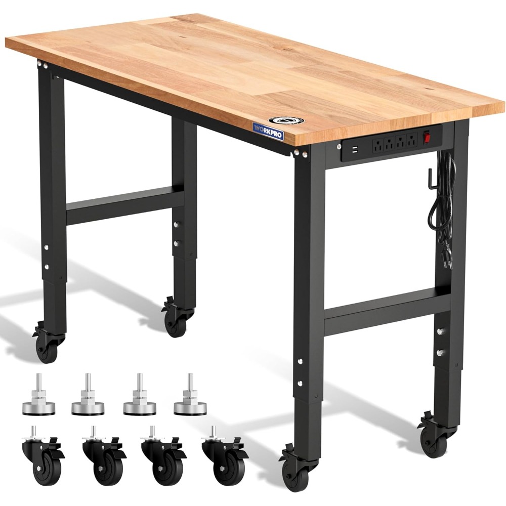 Workbench Woodworking - ガレージ作業台、48X22インチの調節可能な作業台（ホイールと水平調整脚付き）、ゴム材天板の作業デスク（電源コンセント付き）