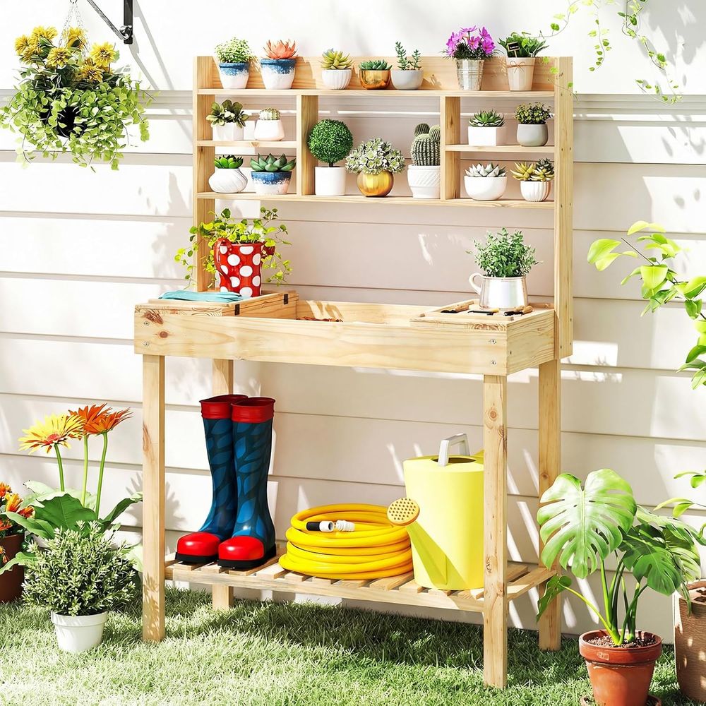 Workbench Woodworking - ポッティングベンチテーブル、60インチ木製ガーデンワークベンチワークステーション、収納付き、リップアップテーブルトップ、棚と吊り下げフック、屋外ガーデン用