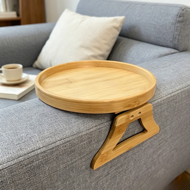 Woodworking Tv - クリップ式天然木ソファアームレストトレイ、実用的なテレビ用スナックサイドテーブル（リモコン、コーヒー、食品収納用）