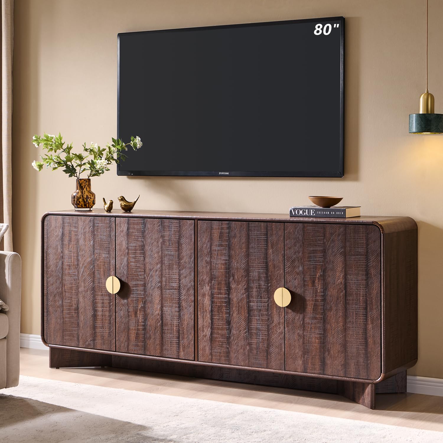 Woodworking Tv - 70インチまでのテレビに対応、収納＆調節可能な棚付き、湾曲型コンソール、リビングルーム用、ブラウン、カスタムメイド