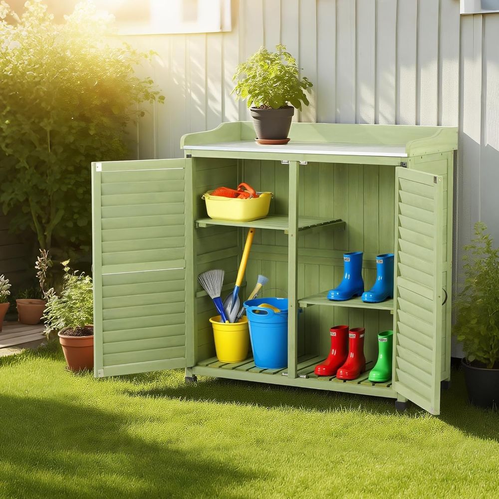 金属製の作業台付き屋外植木鉢置き台、防水ガーデン収納キャビネ - Workbench Woodworking のレビューと価格