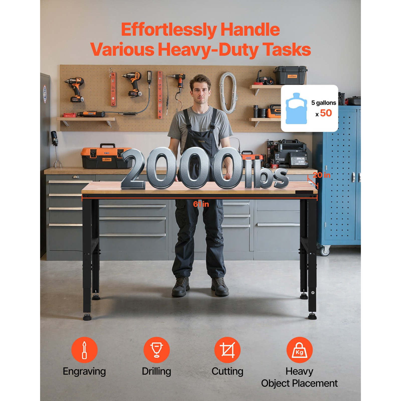 高さ調節可能なワークベンチ 61インチ×20インチ 電源コン - Workbench Woodworking のレビューと価格