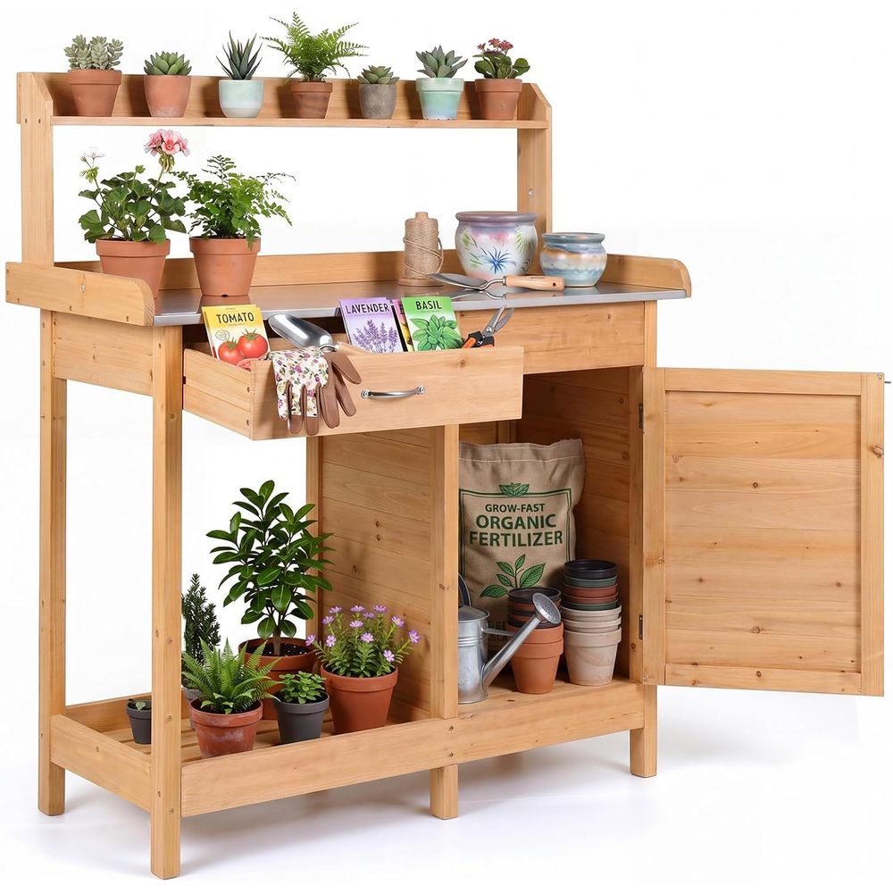 屋外用植木鉢置き台 木製ガーデンワークステーション 収納キャ - Workbench Woodworking のレビューと価格