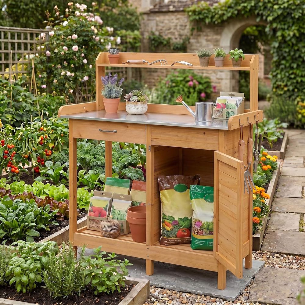 屋外用植木鉢置き台 木製ガーデンワークステーション 収納キャ - Workbench Woodworking のレビューと価格